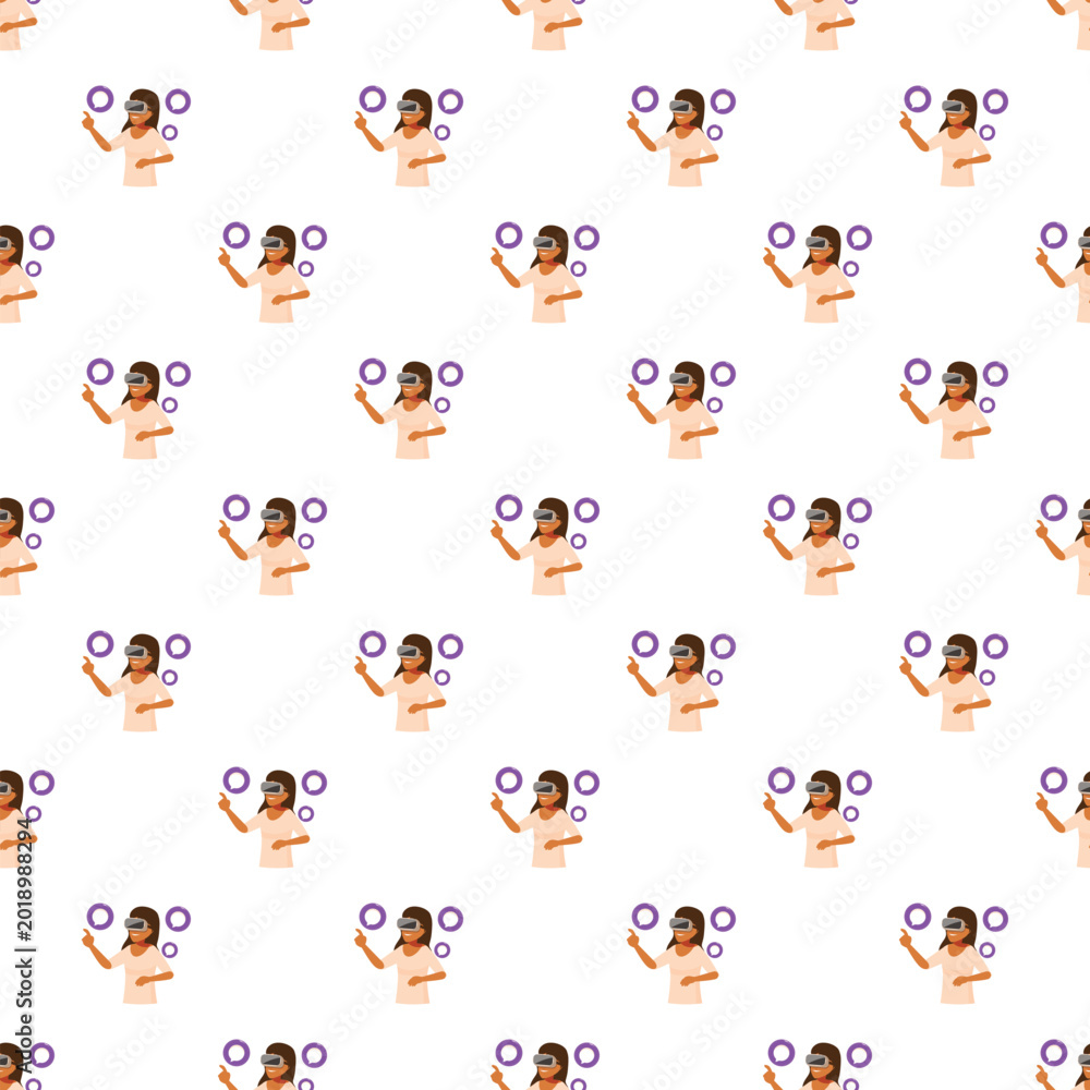 Obraz premium Woman wearing vr headset interacting with digital circles in a seamless pattern