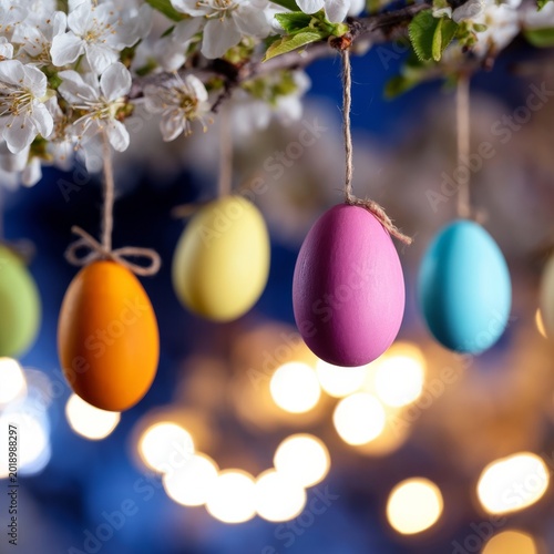 Colorful Eggs Hang From Branches in Springtime With Blurred Lights in the Bac...