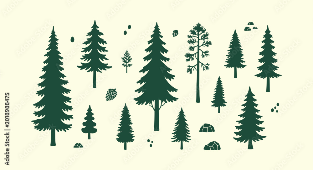 Fototapeta premium Green Pine Tree Silhouette Collection with Fir, Spruce, Pinecones, and Rocks on Cream Background