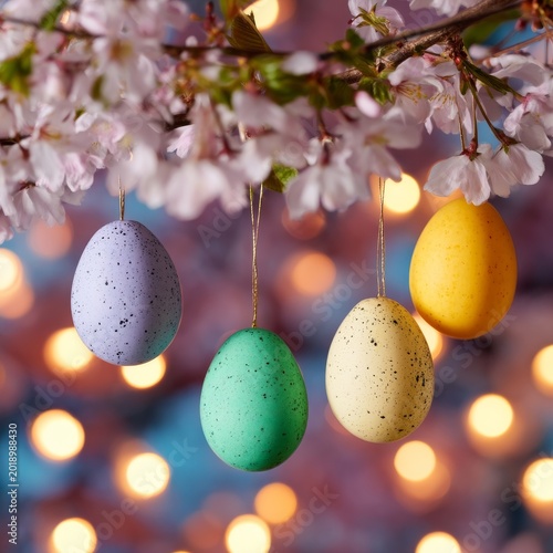 Colorful Eggs Hang on a Branch Near Cherry Blossoms During Springtime Celebra...