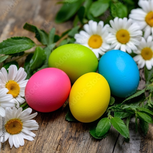 Colorful Eggs and Flowers Arranged on a Wooden Table for Spring Celebration A...