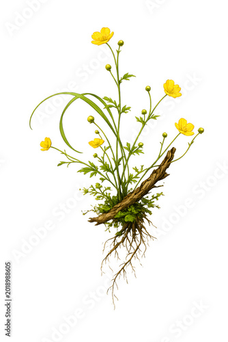 Detailreiche Illustration von gelben Wildblumen mit sichtbaren Wurzeln und Holzstück auf hellem Hintergrund. Natürliches botanisches Motiv als Symbol für Wachstum, Natur und Leben.