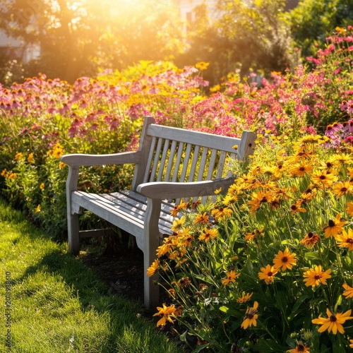 Flowers Bloom Around a Wooden Bench in a Garden During Sunset in the Evening ...