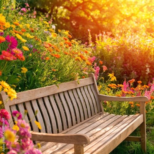 Bright Flowers Surround a Wooden Bench Under the Sunlight in a Garden Setting