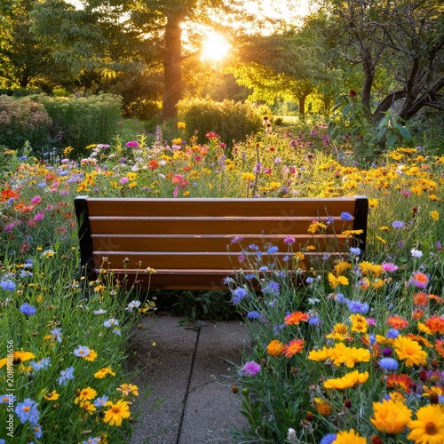 Bright Flowers Surround a Wooden Bench Under the Sunlight in a Garden Setting