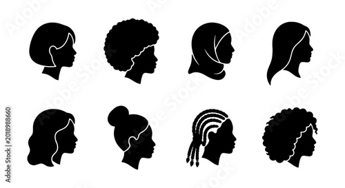 Diverse Woman Silhouettes Collection, Female Profiles Set, Multicultural Beauty Icons, Afro, Hijab, Braids