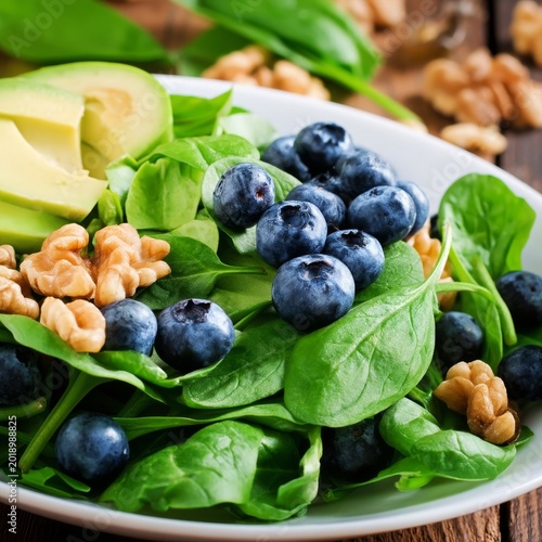 Fresh Spinach Salad With Blueberries and Walnuts Served on a White Plate