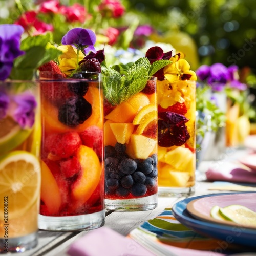 Fresh Fruit Drinks on a Table With Flowers During a Sunny Day