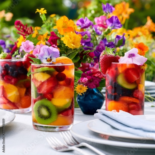 Refreshing Fruit Drinks and Bright Flowers on a Summer Table