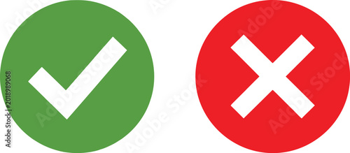 Photos Green Check Mark and Red Cross Mark Symbols Representing Approval, Success, Deni