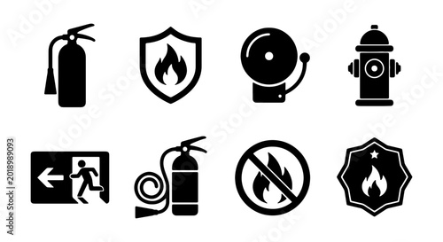 Foto Fire Safety Icons, Emergency Equipment Vector Set, Fire Protection Symbols, Warn