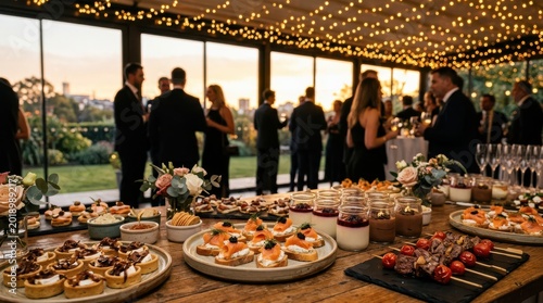 Elegant evening reception with gourmet catering and city skyline view