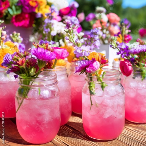 Summer Gathering With Drinks and Flowers in a Sunny Outdoor Setting