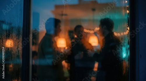 Rainy night view of people socializing indoors through a wet window blurred focus