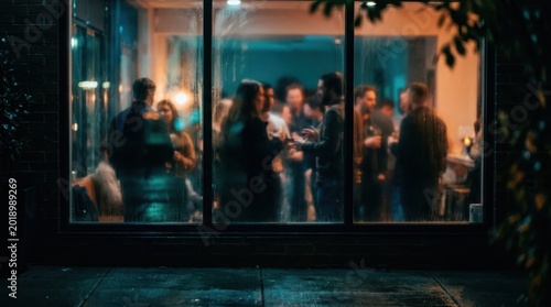 Rainy night view of a lively bar interior through a window social gathering