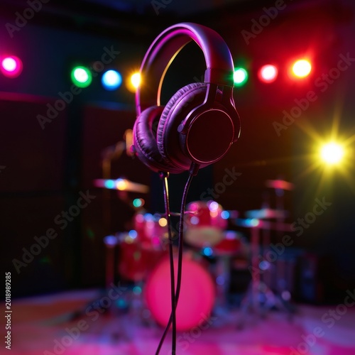 Headphones Hang in Front of Musical Instruments on Stage With Colorful Lights...