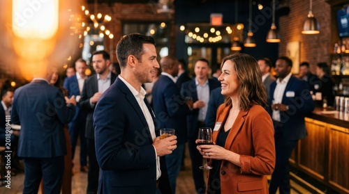 Business professionals networking at a corporate event with drinks in a modern bar setting