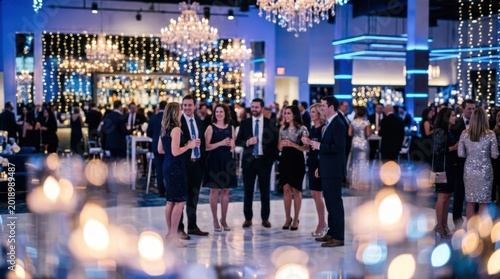 Elegant gala event with guests in formal attire sparkling lights and modern venue decor