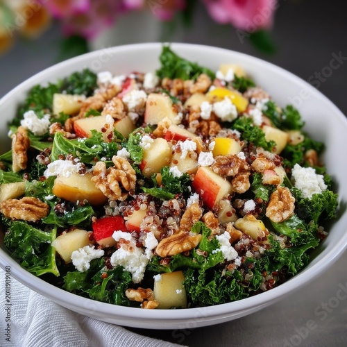 Fresh Salad With Kale, Quinoa, Apple, and Walnuts Served in a Bowl During Day...
