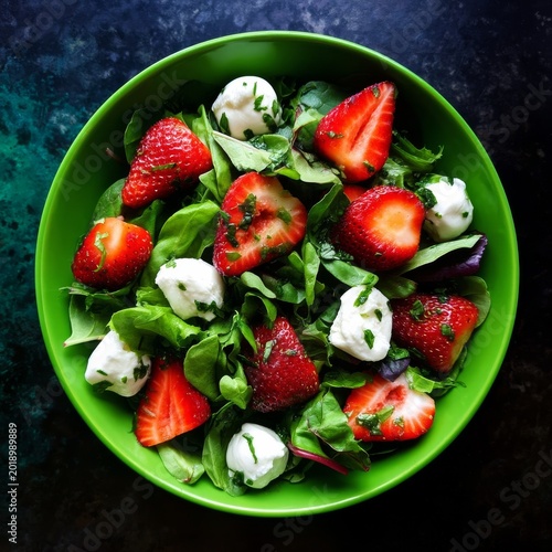 Fresh Salad With Strawberries and Cheese in a Green Bowl on a Dark Surface