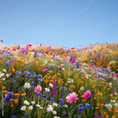 Wildflowers Bloom on a Hillside Under a Clear Blue Sky During Springtime