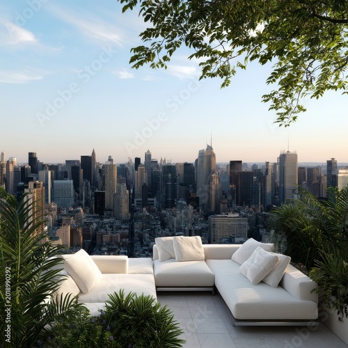 View of City Skyline From a Rooftop Lounge With Seating and Greenery During S...