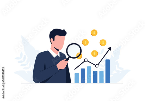 Obraz na plátně Modern flat vector illustration of stock market research with magnifying glass,