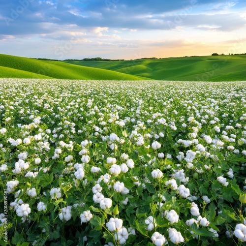 View of a Cotton Field With White Flowers and Rolling Hills Under a Bright Sk...