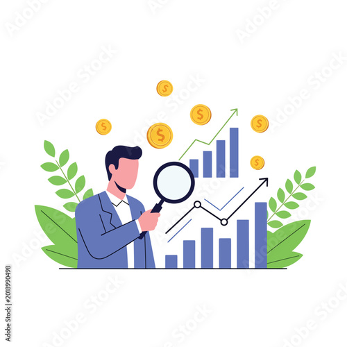 Photos Modern flat vector illustration of stock market research with magnifying glass,