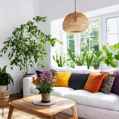 Cozy Living Room With White Sofa, Plants, and Natural Light From Large Window...
