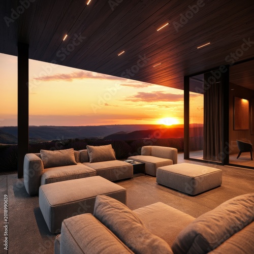 Modern Outdoor Space With Seating Overlooking Mountain View at Sunset
