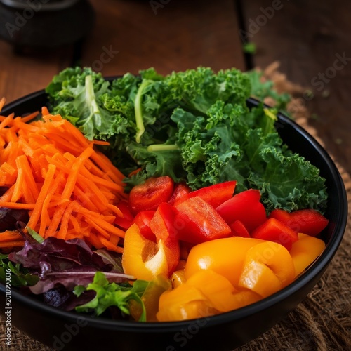 Fresh Salad With Colorful Vegetables on a Wooden Table During Lunch Time
