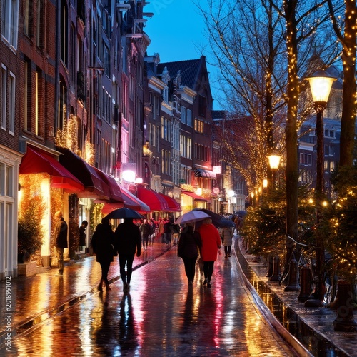 Evening Walk in Amsterdam With People Carrying Umbrellas and Lights on Buildings