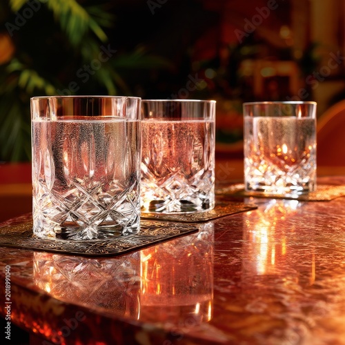 Refreshing Drinks on a Wooden Table With Reflective Surface in a Dim Room Dur...