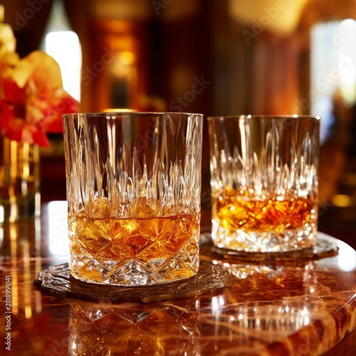 Refreshing Drinks on a Wooden Table With Reflective Surface in a Dim Room Dur...