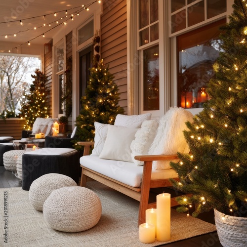 Cozy Porch With Christmas Decorations and Warm Lights During Dusk