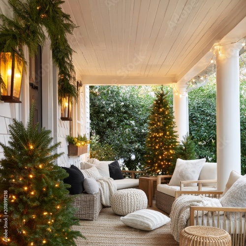 Cozy Porch With Christmas Decorations and Warm Lights During Dusk