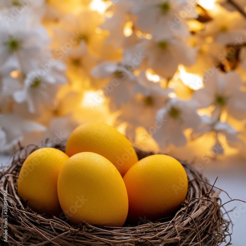Golden Eggs in a Nest With Flowers on a Sunny Background During Springtime