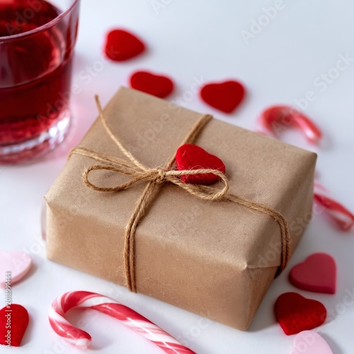 Gift Box Sits on Table Surrounded by Heart Shapes and Candy Canes During a Ce...