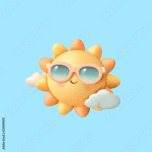 3d emoji of smiling sun in glasses and clouds. Blue banner with cartoon sun. Season, weather, summer. Vector illustration.
