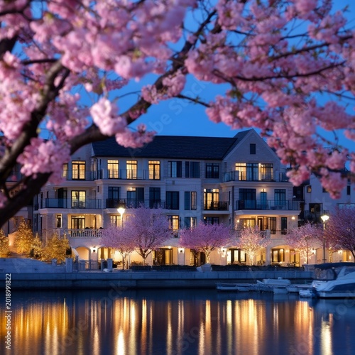 Spring Evening Near Houses With Cherry Blossom Trees by the Water in a City L...
