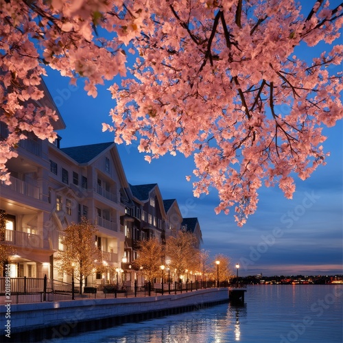 Spring Evening Near Houses With Cherry Blossom Trees by the Water in a City L...