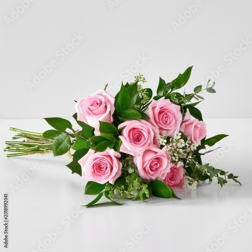 Bouquet of Pink Roses With Greenery on a White Background During Daylight