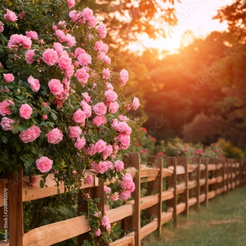 Roses Bloom Along a Wooden Fence in a Garden During Sunset in Summer