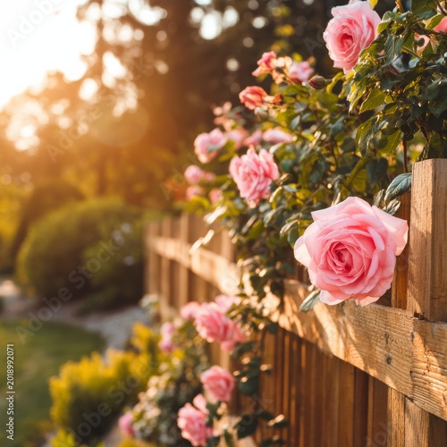 Roses Bloom on a Wooden Fence in a Garden During Sunset in a Warm Evening Light