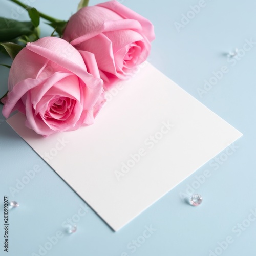 Two Pink Roses and a Blank Card on a Blue Background With Small Decorative Gems