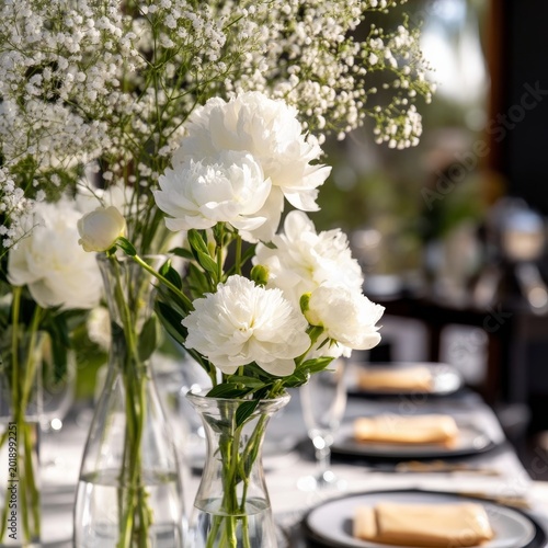 Flowers in Glass Vases on a Table Set for an Event in a Restaurant During the...