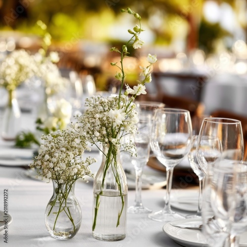 Dinner Table Setting With Flowers and Glassware at an Outdoor Event in the Ev...