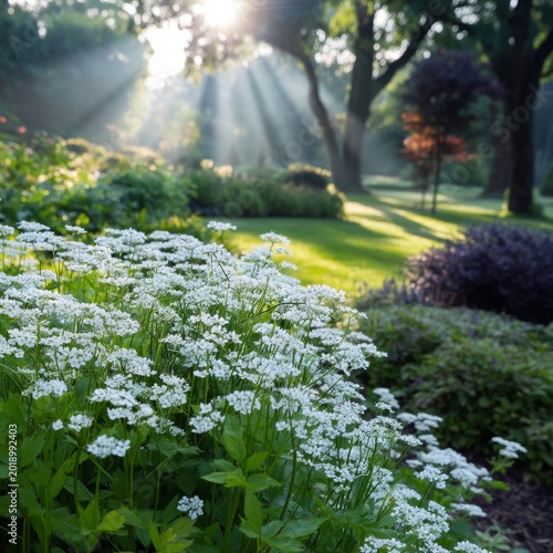 Sunlight Shining Through Trees in a Garden Filled With White Flowers During t...