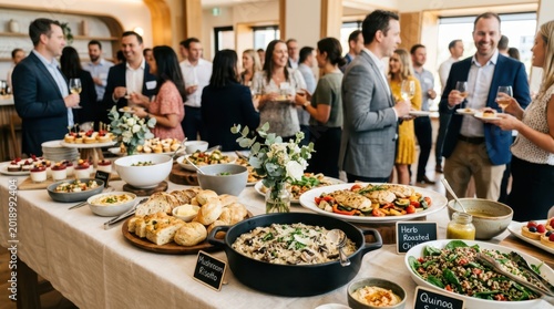 Corporate event catering spread with guests mingling appetizers and beverages